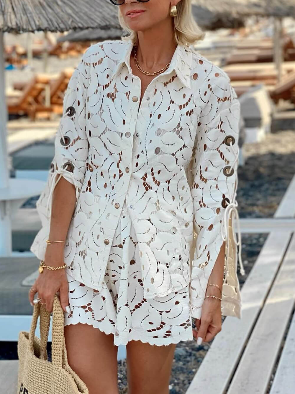Lace Crochet Slit Vintage Two-Piece Set