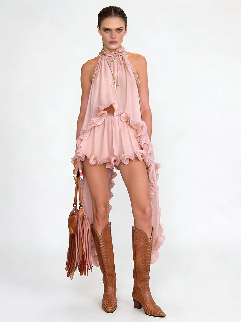 Asymmetric Neck Backless Two-Piece Set